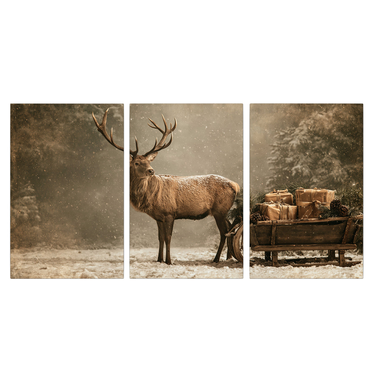 A majestic stag beside a wooden sleigh filled with wrapped gifts in a softly lit woodland 3 piece canvas wall art viewed straight on