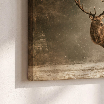 A majestic stag beside a wooden sleigh filled with wrapped gifts in a softly lit woodland 3 piece canvas wall art material and edge close up