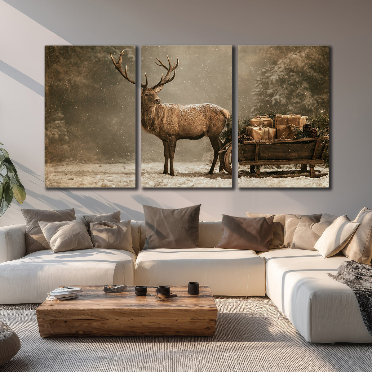 A majestic stag beside a wooden sleigh filled with wrapped gifts in a softly lit woodland 3 piece canvas wall art displayed in a living room