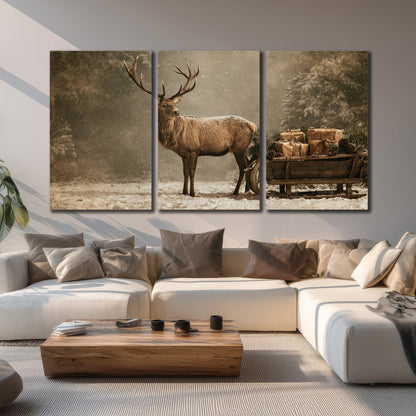 A majestic stag beside a wooden sleigh filled with wrapped gifts in a softly lit woodland 3 piece canvas wall art displayed in a living room