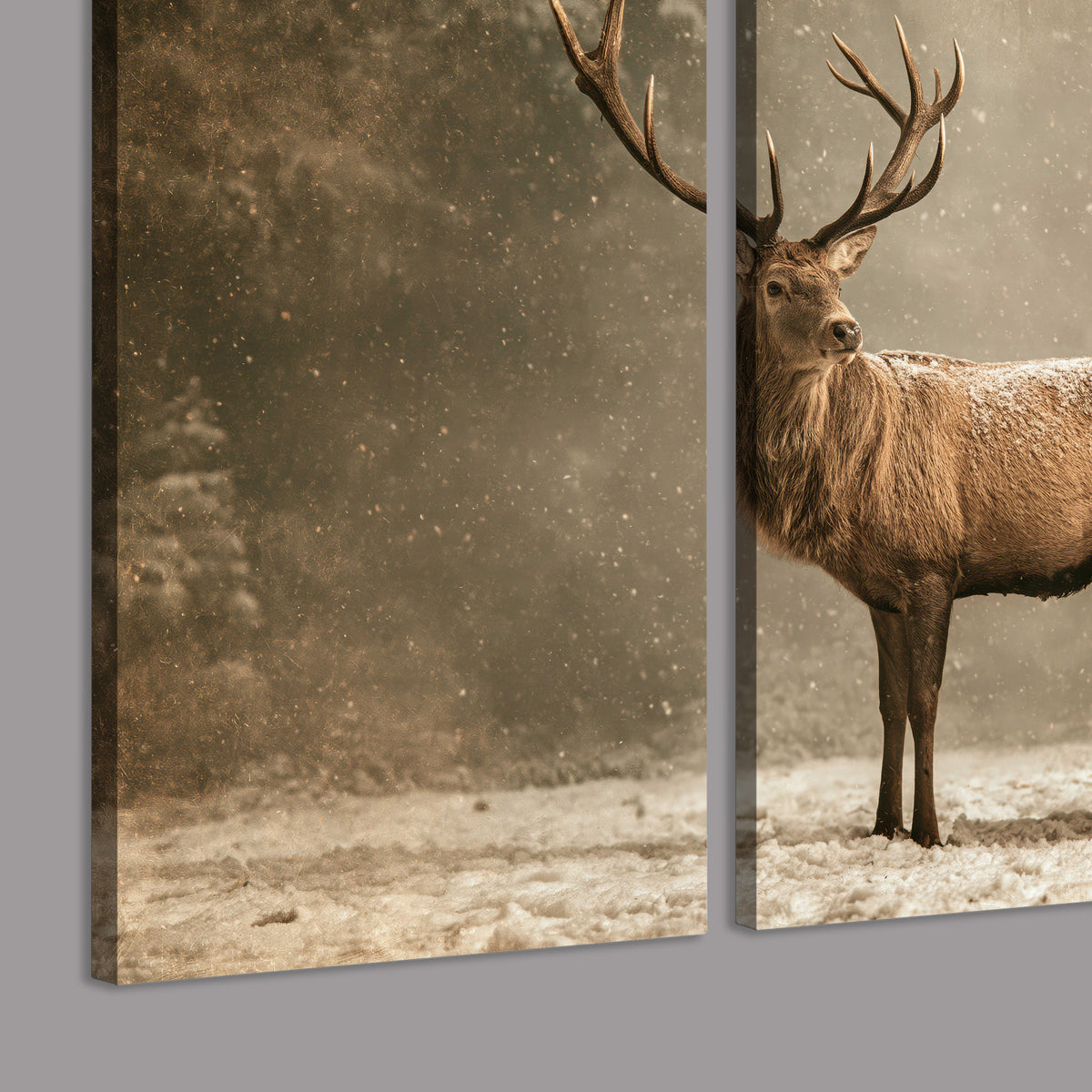 A majestic stag beside a wooden sleigh filled with wrapped gifts in a softly lit woodland 3 piece canvas wall art room and product view