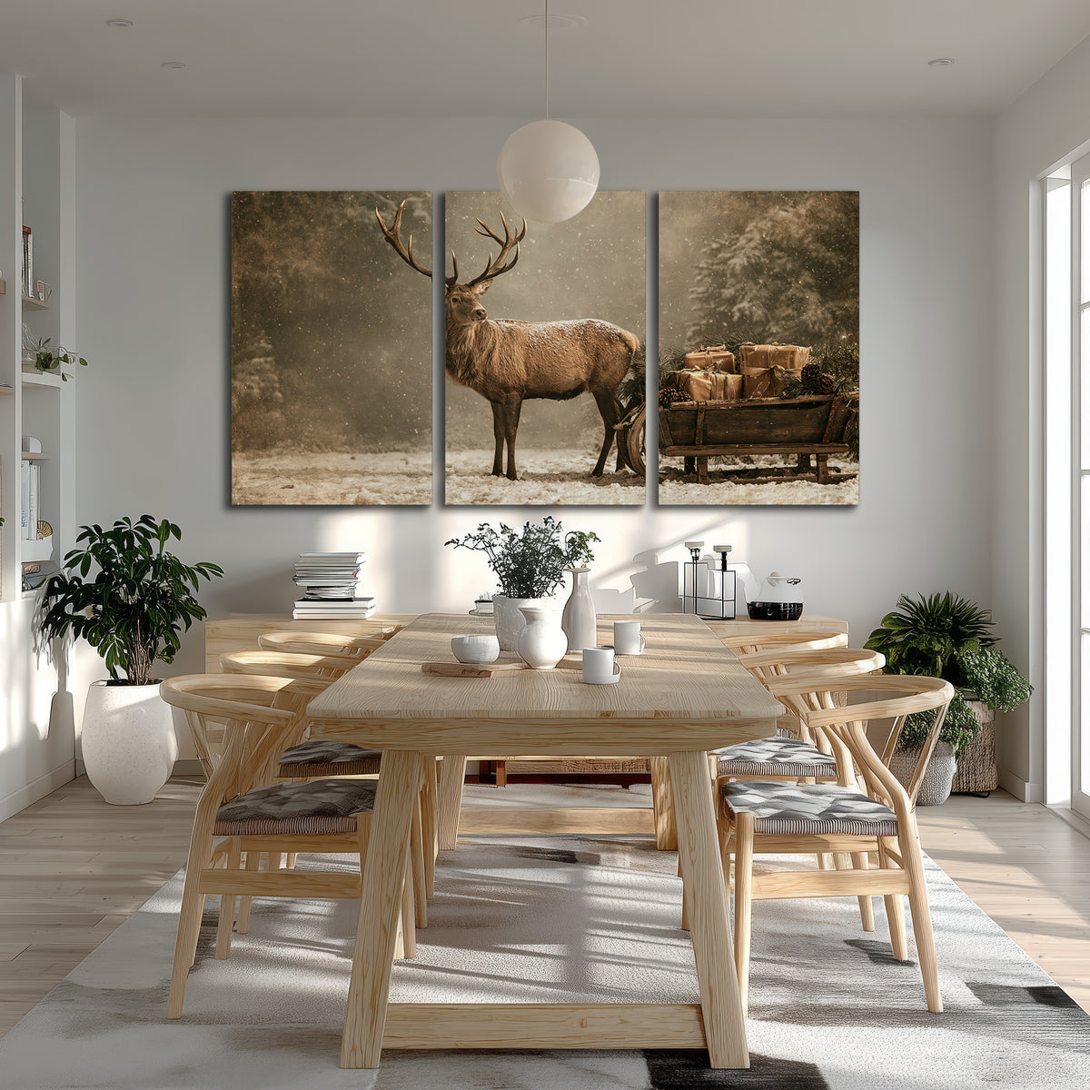 A majestic stag beside a wooden sleigh filled with wrapped gifts in a softly lit woodland 3 piece canvas wall art room and product view
