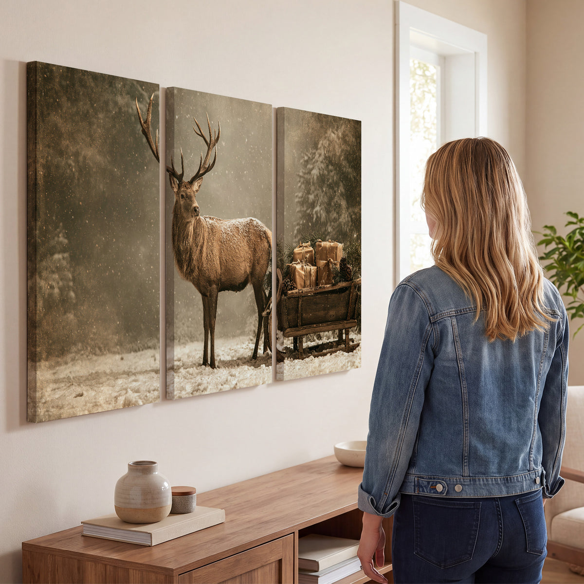 A majestic stag beside a wooden sleigh filled with wrapped gifts in a softly lit woodland 3 piece canvas wall art three panel arrangement on a wall