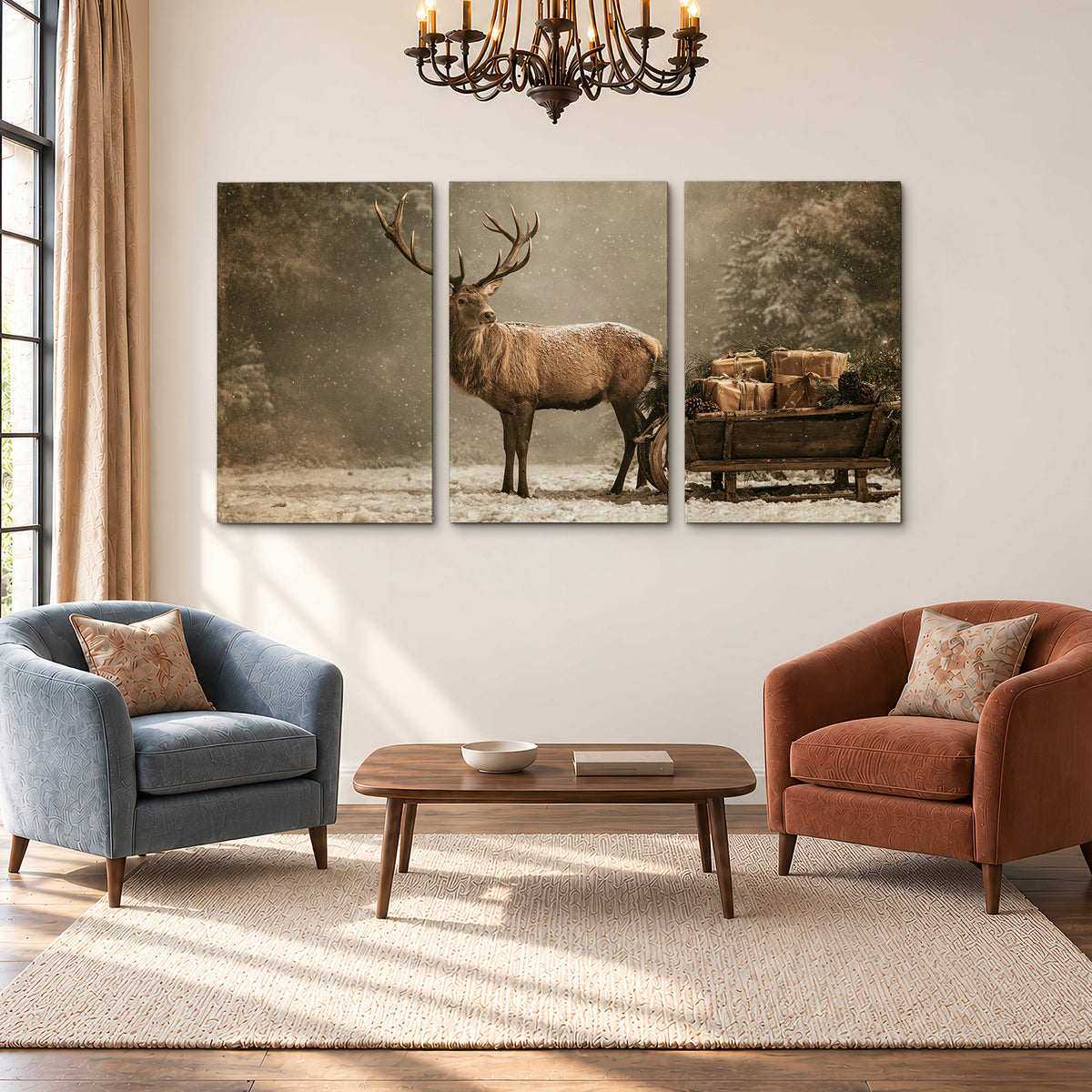 A majestic stag beside a wooden sleigh filled with wrapped gifts in a softly lit woodland 3 piece canvas wall art styled in an interior
