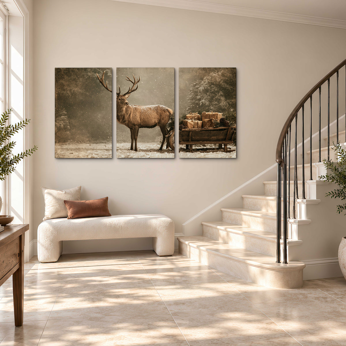 A majestic stag beside a wooden sleigh filled with wrapped gifts in a softly lit woodland 3 piece canvas wall art styled in an interior