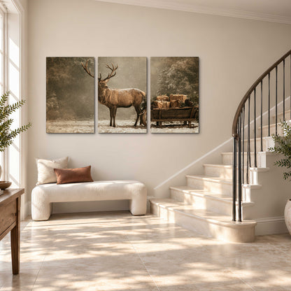 A majestic stag beside a wooden sleigh filled with wrapped gifts in a softly lit woodland 3 piece canvas wall art styled in an interior