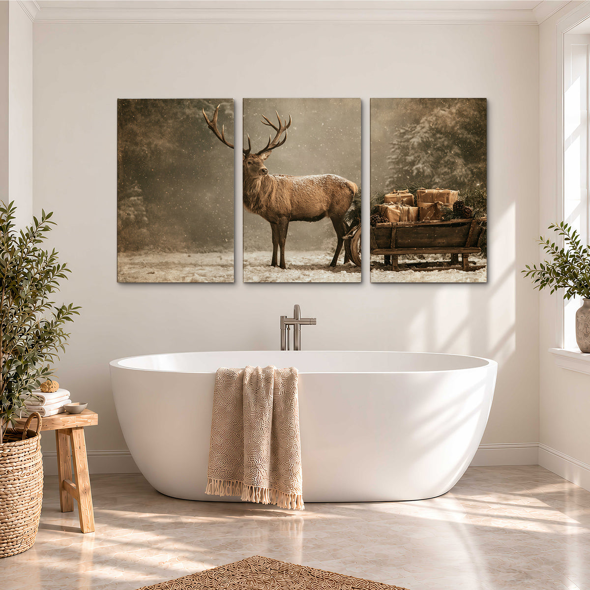 A majestic stag beside a wooden sleigh filled with wrapped gifts in a softly lit woodland 3 piece canvas wall art styled in an interior