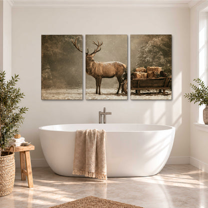 A majestic stag beside a wooden sleigh filled with wrapped gifts in a softly lit woodland 3 piece canvas wall art styled in an interior