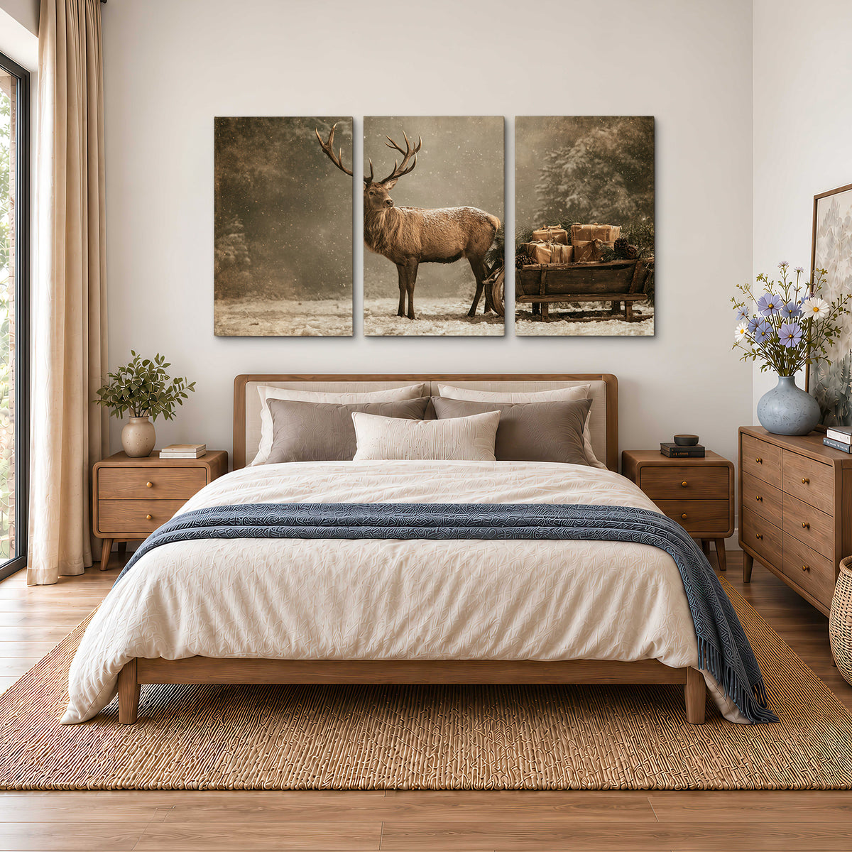 A majestic stag beside a wooden sleigh filled with wrapped gifts in a softly lit woodland 3 piece canvas wall art styled in an interior
