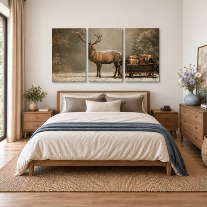A majestic stag beside a wooden sleigh filled with wrapped gifts in a softly lit woodland 3 piece canvas wall art styled in an interior