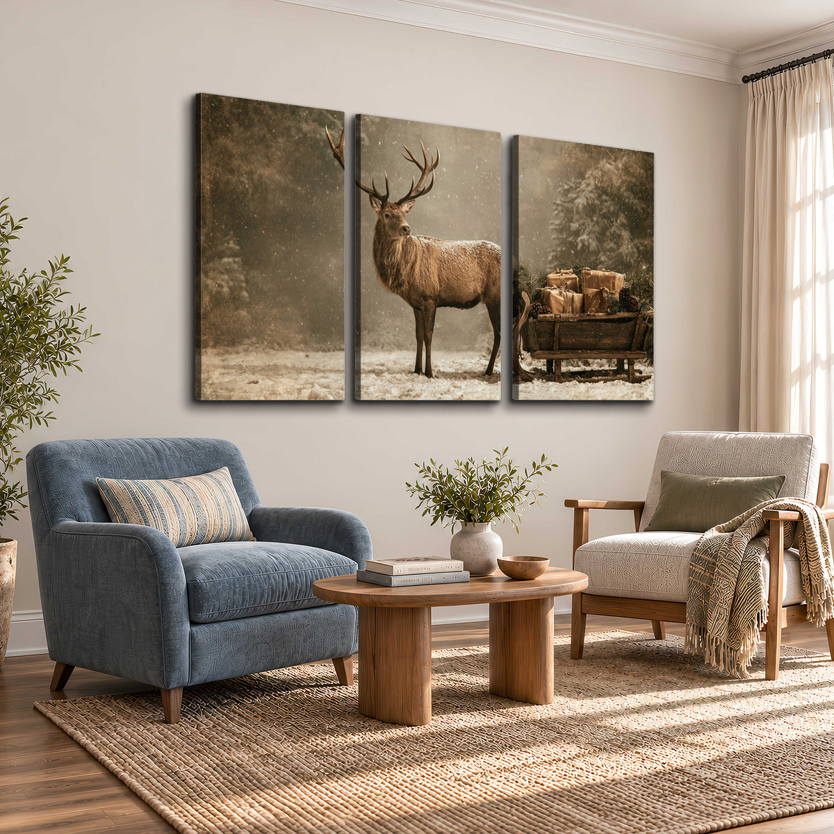 A majestic stag beside a wooden sleigh filled with wrapped gifts in a softly lit woodland 3 piece canvas wall art styled in an interior