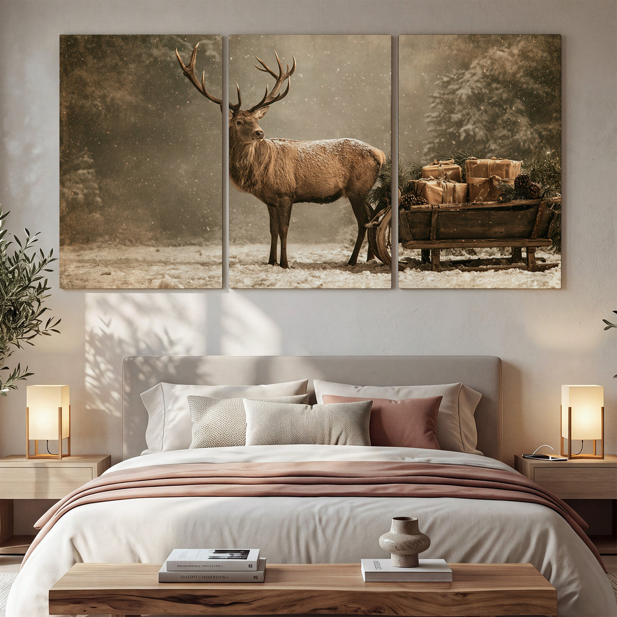 A majestic stag beside a wooden sleigh filled with wrapped gifts in a softly lit woodland 3 piece canvas wall art displayed in a bedroom