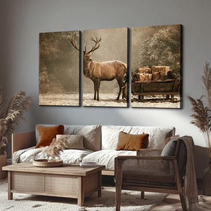 A majestic stag beside a wooden sleigh filled with wrapped gifts in a softly lit woodland 3 piece canvas wall art displayed in a rustic living room