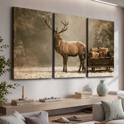 A majestic stag beside a wooden sleigh filled with wrapped gifts in a softly lit woodland 3 piece canvas wall art displayed in a console