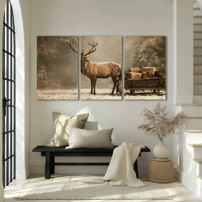 A majestic stag beside a wooden sleigh filled with wrapped gifts in a softly lit woodland 3 piece canvas wall art displayed in a entryway