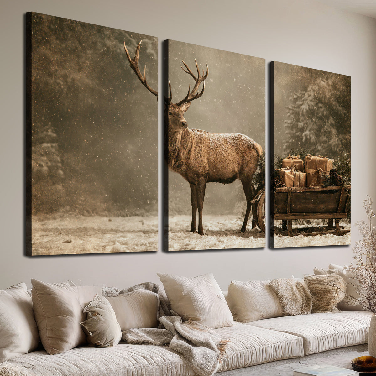 A majestic stag beside a wooden sleigh filled with wrapped gifts in a softly lit woodland 3 piece canvas wall art room and product view