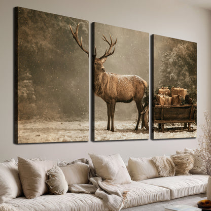 A majestic stag beside a wooden sleigh filled with wrapped gifts in a softly lit woodland 3 piece canvas wall art room and product view