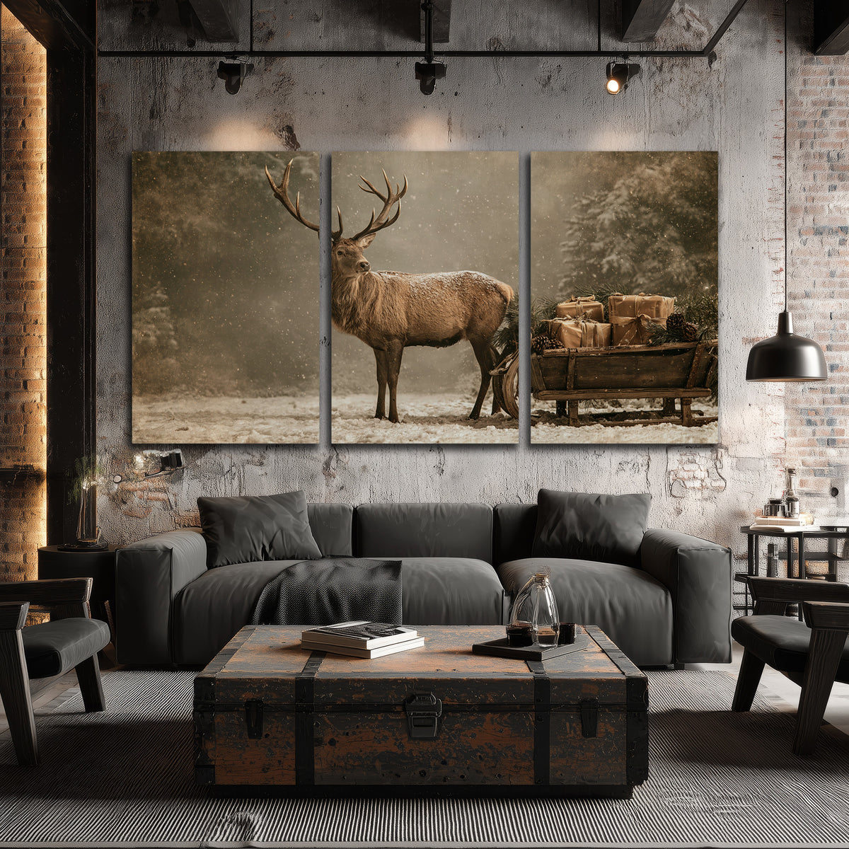 A majestic stag beside a wooden sleigh filled with wrapped gifts in a softly lit woodland 3 piece canvas wall art displayed in a industrial room