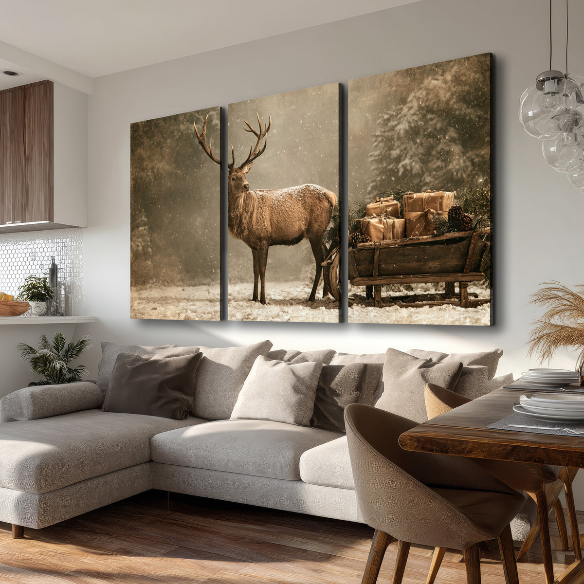A majestic stag beside a wooden sleigh filled with wrapped gifts in a softly lit woodland 3 piece canvas wall art room and product view