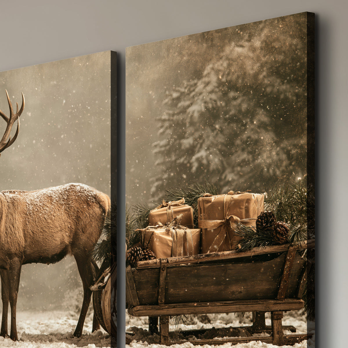 A majestic stag beside a wooden sleigh filled with wrapped gifts in a softly lit woodland 3 piece canvas wall art room and product view