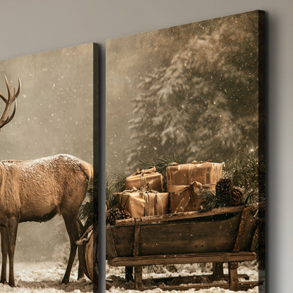 A majestic stag beside a wooden sleigh filled with wrapped gifts in a softly lit woodland 3 piece canvas wall art room and product view