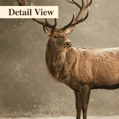 A majestic stag beside a wooden sleigh filled with wrapped gifts in a softly lit woodland 3 piece canvas wall art artwork detail close up