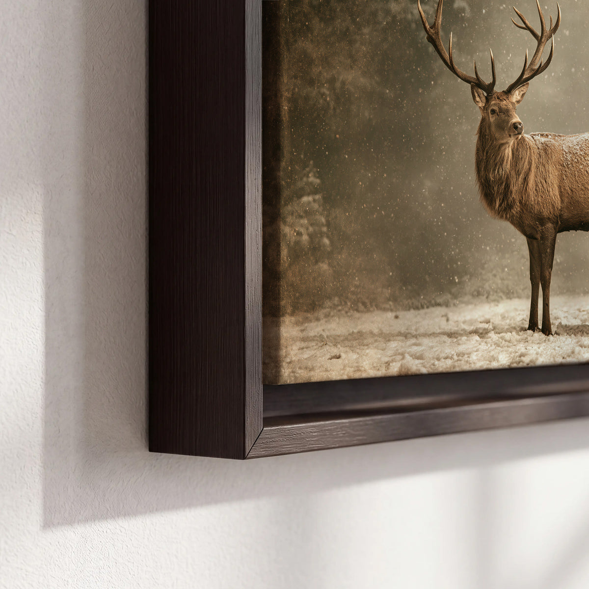 A majestic stag beside a wooden sleigh filled with wrapped gifts in a softly lit woodland 3 piece framed canvas wall art material and edge close up