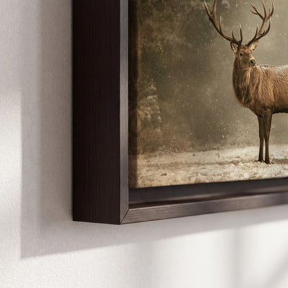 A majestic stag beside a wooden sleigh filled with wrapped gifts in a softly lit woodland 3 piece framed canvas wall art material and edge close up
