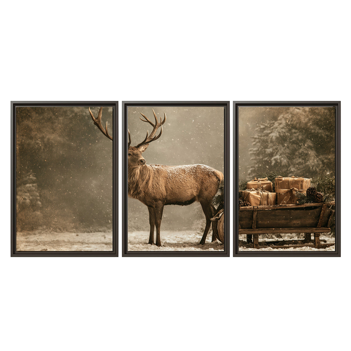 A majestic stag beside a wooden sleigh filled with wrapped gifts in a softly lit woodland 3 piece framed canvas wall art viewed straight on