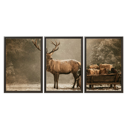 A majestic stag beside a wooden sleigh filled with wrapped gifts in a softly lit woodland 3 piece framed canvas wall art viewed straight on