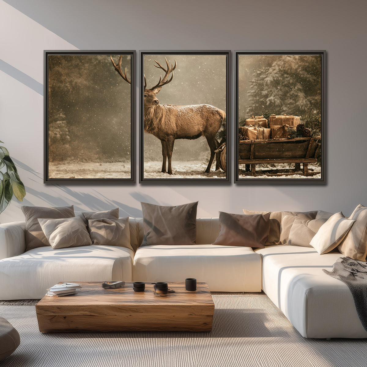 A majestic stag beside a wooden sleigh filled with wrapped gifts in a softly lit woodland 3 piece framed canvas wall art displayed in a living room