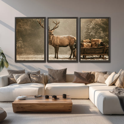 A majestic stag beside a wooden sleigh filled with wrapped gifts in a softly lit woodland 3 piece framed canvas wall art displayed in a living room