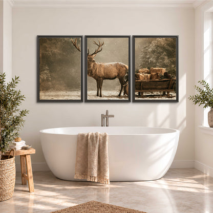 A majestic stag beside a wooden sleigh filled with wrapped gifts in a softly lit woodland 3 piece framed canvas wall art styled in an interior