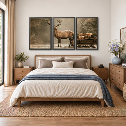 A majestic stag beside a wooden sleigh filled with wrapped gifts in a softly lit woodland 3 piece framed canvas wall art styled in an interior
