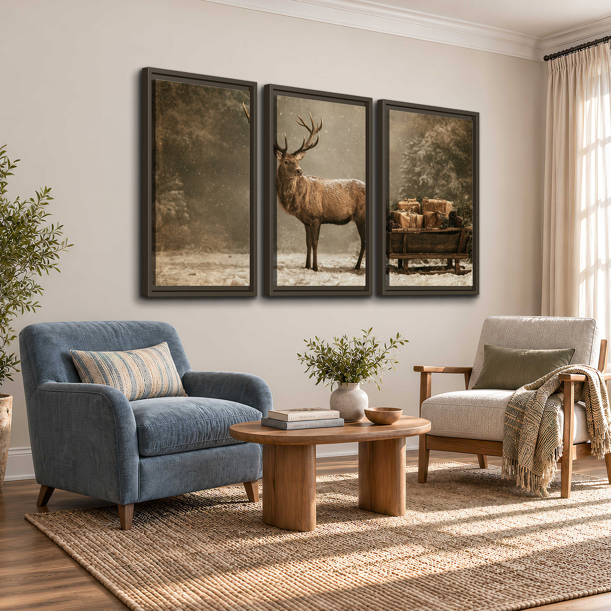 A majestic stag beside a wooden sleigh filled with wrapped gifts in a softly lit woodland 3 piece framed canvas wall art styled in an interior