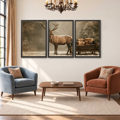 A majestic stag beside a wooden sleigh filled with wrapped gifts in a softly lit woodland 3 piece framed canvas wall art styled in an interior