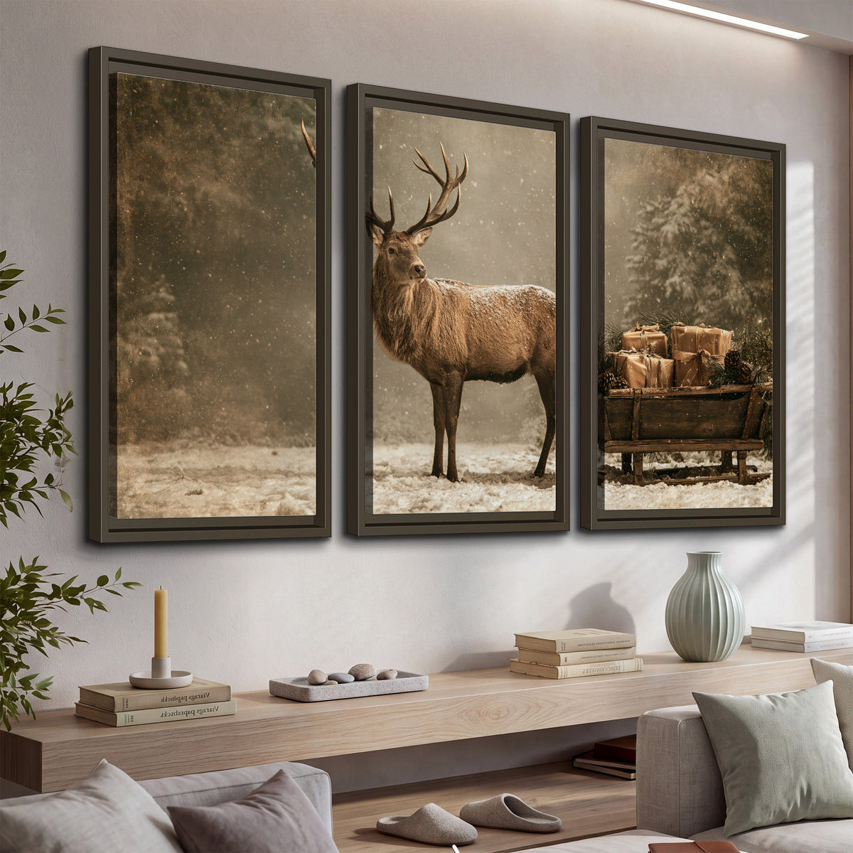 A majestic stag beside a wooden sleigh filled with wrapped gifts in a softly lit woodland 3 piece framed canvas wall art displayed in a console