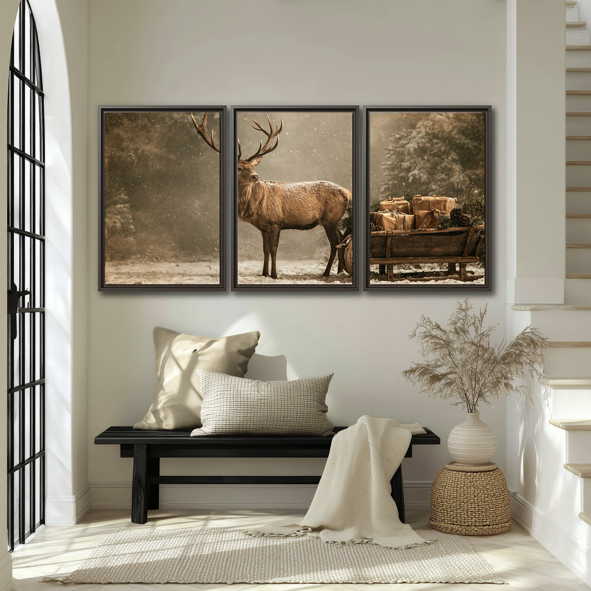 A majestic stag beside a wooden sleigh filled with wrapped gifts in a softly lit woodland 3 piece framed canvas wall art displayed in a entryway