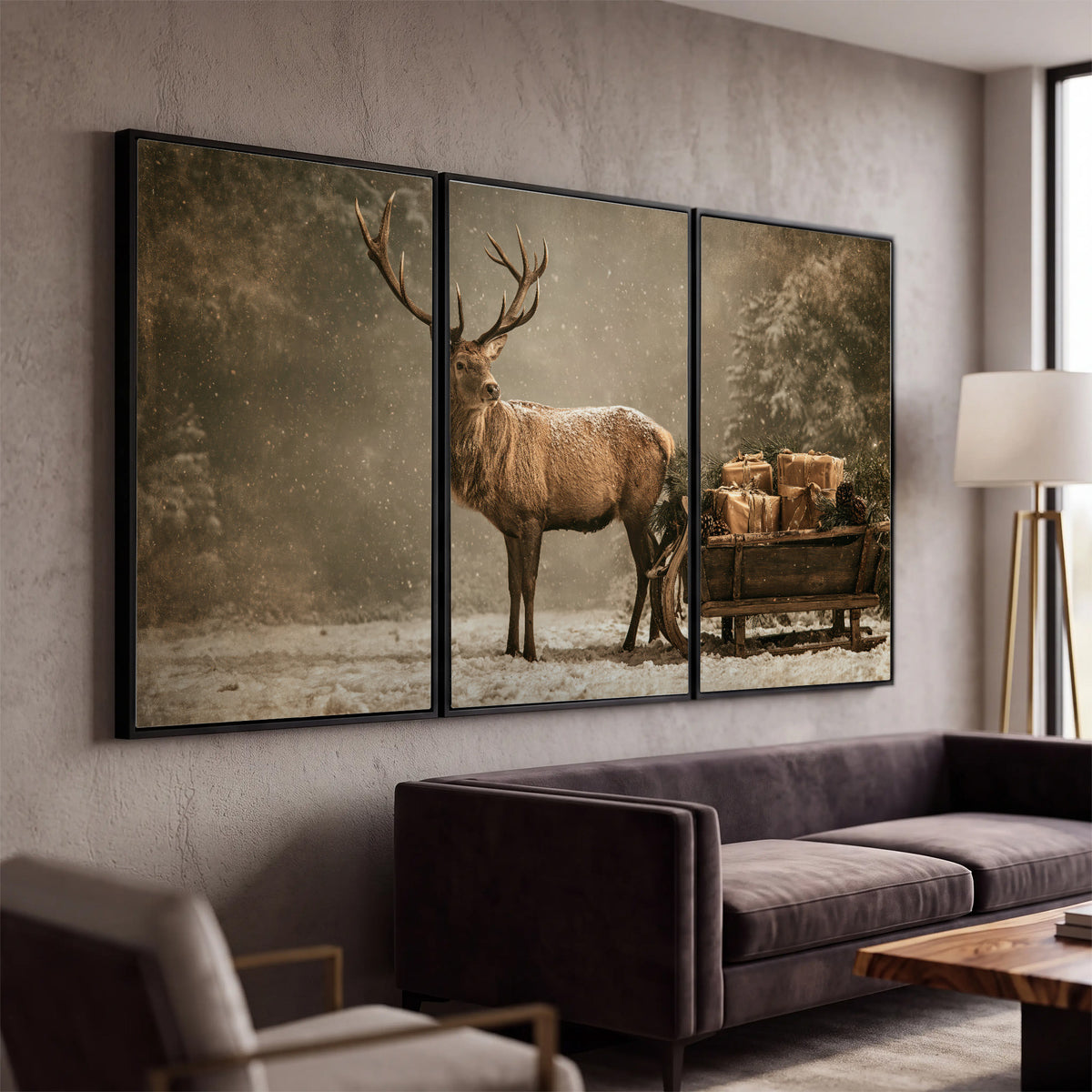 A majestic stag beside a wooden sleigh filled with wrapped gifts in a softly lit woodland 3 piece framed canvas wall art displayed in a modern living room