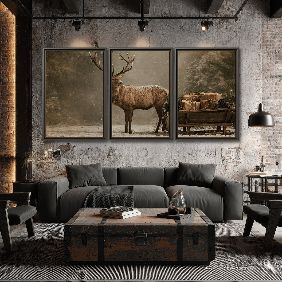 A majestic stag beside a wooden sleigh filled with wrapped gifts in a softly lit woodland 3 piece framed canvas wall art displayed in a industrial room