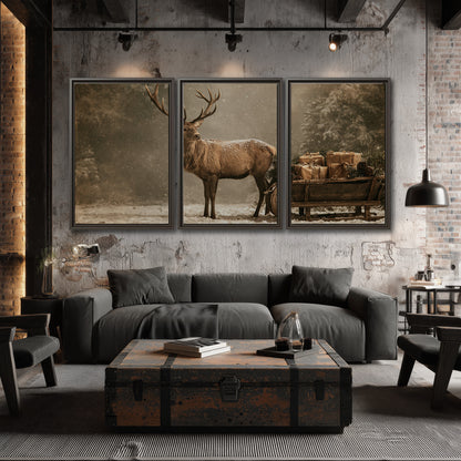 A majestic stag beside a wooden sleigh filled with wrapped gifts in a softly lit woodland 3 piece framed canvas wall art displayed in a industrial room