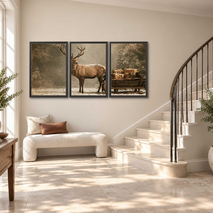 A majestic stag beside a wooden sleigh filled with wrapped gifts in a softly lit woodland 3 piece framed canvas wall art styled in an interior
