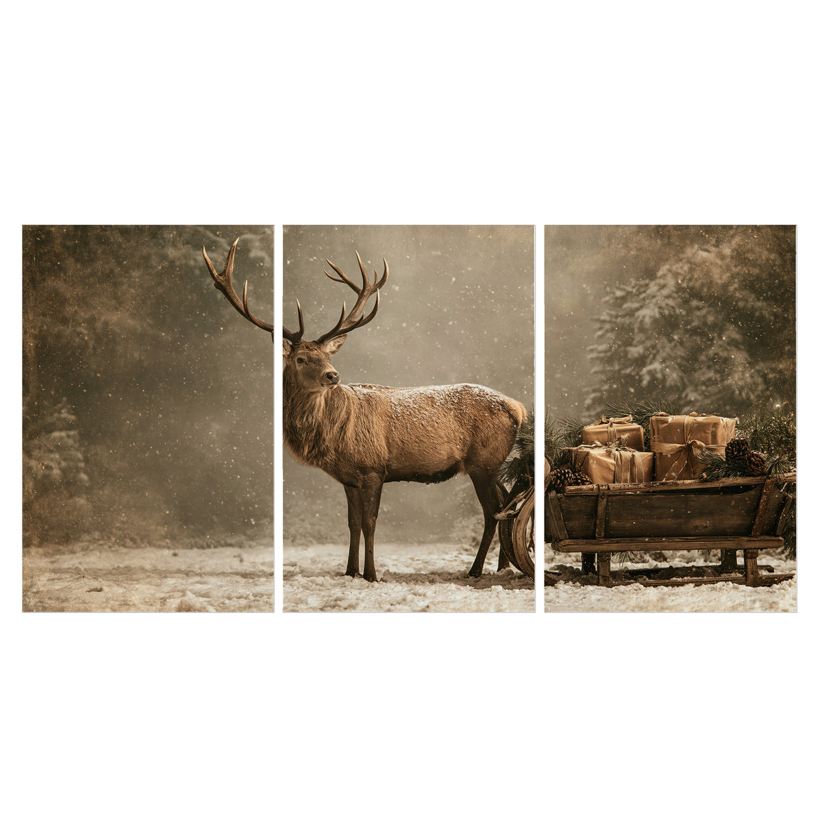 A majestic stag beside a wooden sleigh filled with wrapped gifts in a softly lit woodland set of 3 poster prints viewed straight on