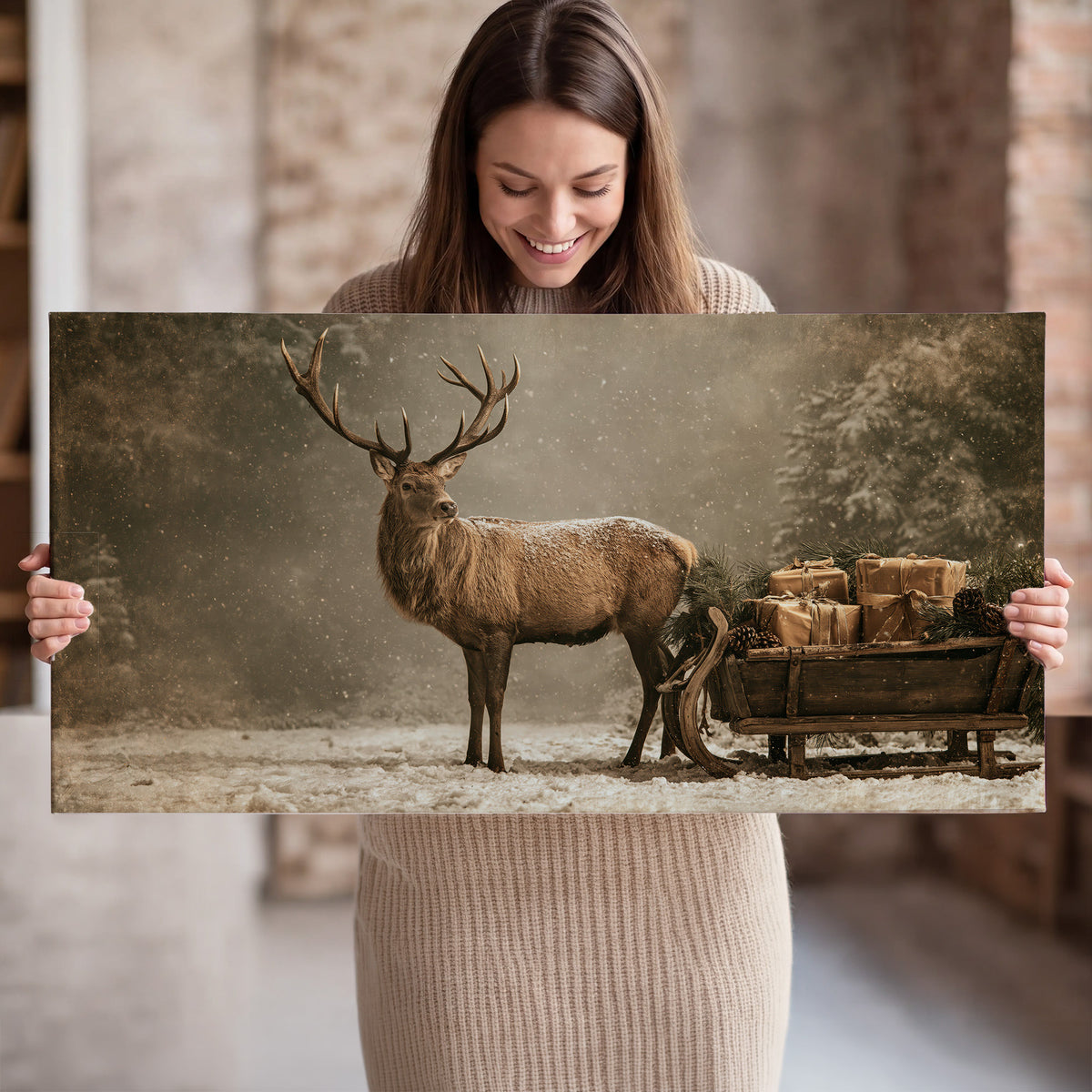 A majestic stag beside a wooden sleigh filled with wrapped gifts in a softly lit woodland single canvas wall art held in hands