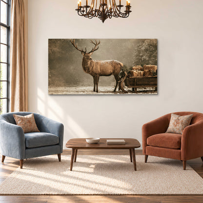 A majestic stag beside a wooden sleigh filled with wrapped gifts in a softly lit woodland single canvas wall art styled in an interior