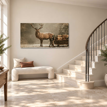 A majestic stag beside a wooden sleigh filled with wrapped gifts in a softly lit woodland single canvas wall art styled in an interior