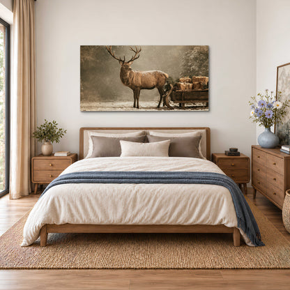 A majestic stag beside a wooden sleigh filled with wrapped gifts in a softly lit woodland single canvas wall art styled in an interior