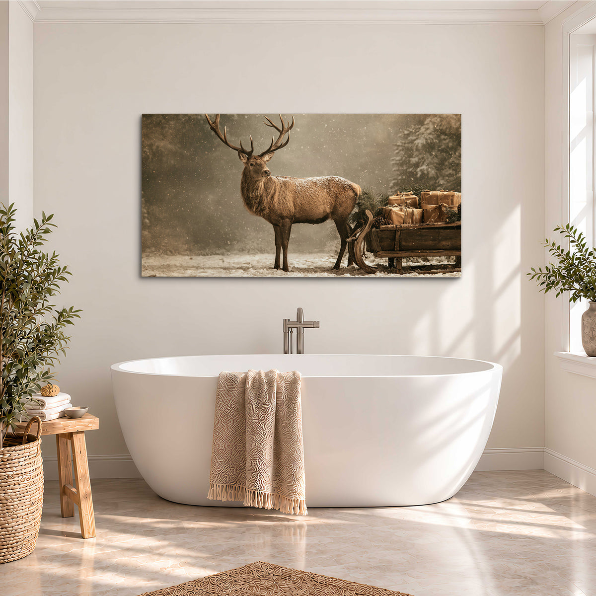 A majestic stag beside a wooden sleigh filled with wrapped gifts in a softly lit woodland single canvas wall art styled in an interior