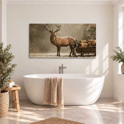 A majestic stag beside a wooden sleigh filled with wrapped gifts in a softly lit woodland single canvas wall art styled in an interior