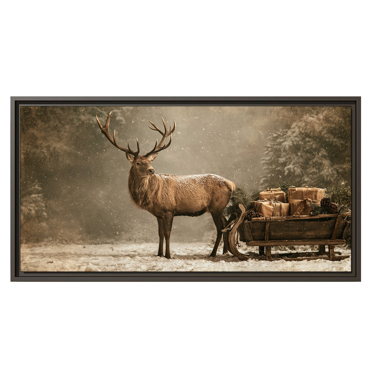A majestic stag beside a wooden sleigh filled with wrapped gifts in a softly lit woodland single framed canvas wall art viewed straight on